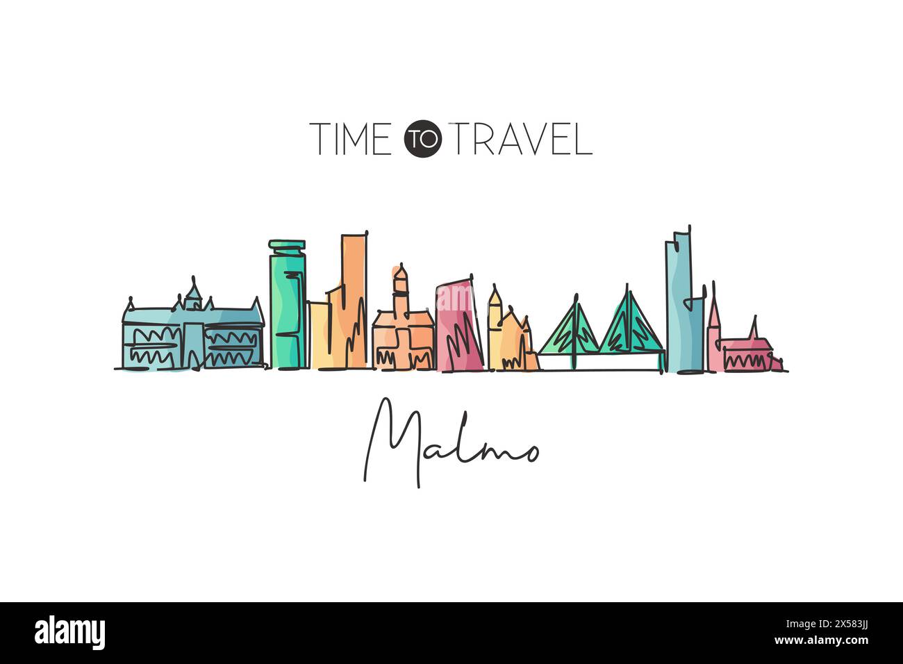 Single continuous line drawing of Malmo skyline, Sweden. Famous city scraper landscape. World travel destination home decor wall poster print concept. Stock Vector