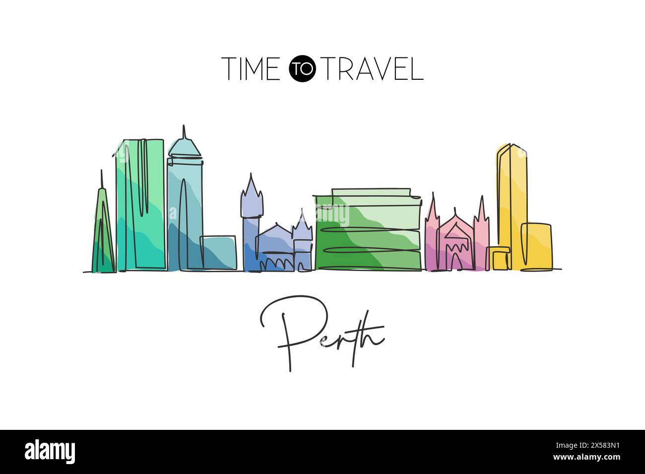 One continuous line drawing of Perth city skyline, Australia. Beautiful landmark. World landscape tourism travel vacation poster. Editable stylish str Stock Vector
