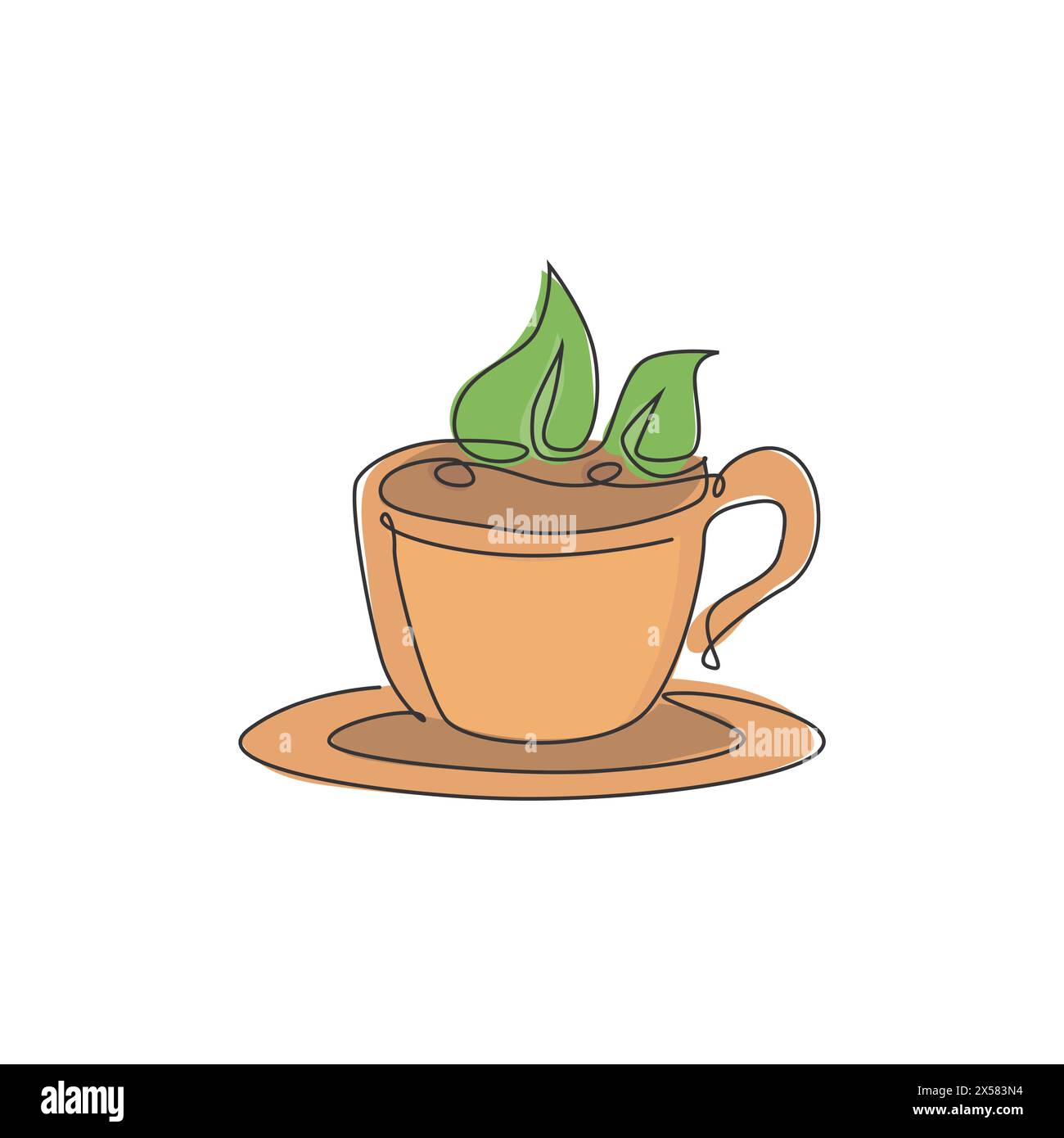 One continuous line drawing of fresh hot cup of tea with green natural ...