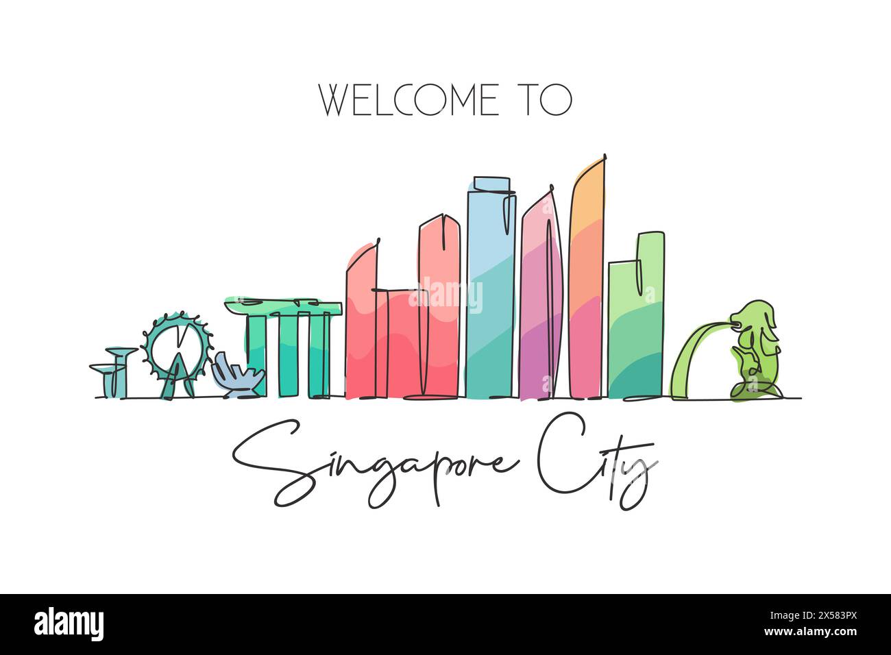 Single continuous line drawing of Singapore city skyline. Famous city scraper and landscape. World travel concept home decor wall print poster art. Mo Stock Vector