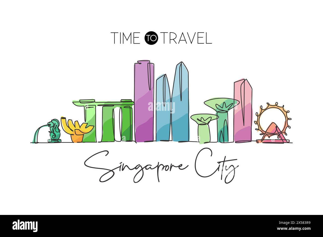 One continuous line drawing of Singapore city skyline. Beautiful landmark. World landscape tourism and travel vacation poster print. Editable stylish Stock Vector