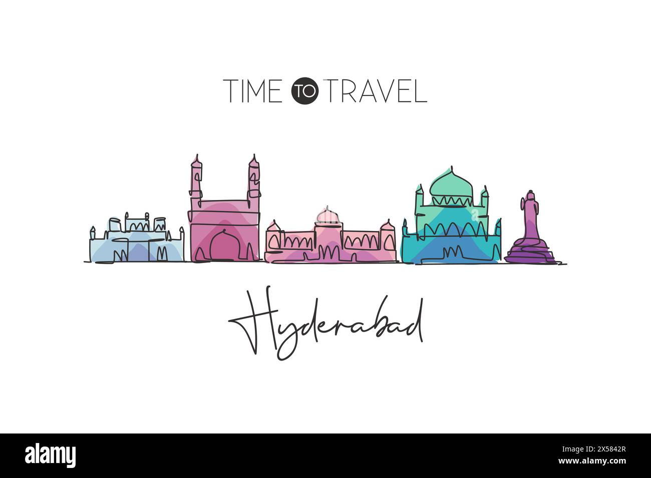 One single line drawingHyderabad city skyline, India. Historical town landscape in the world. Best holiday destination. Editable stroke trendy continu Stock Vector