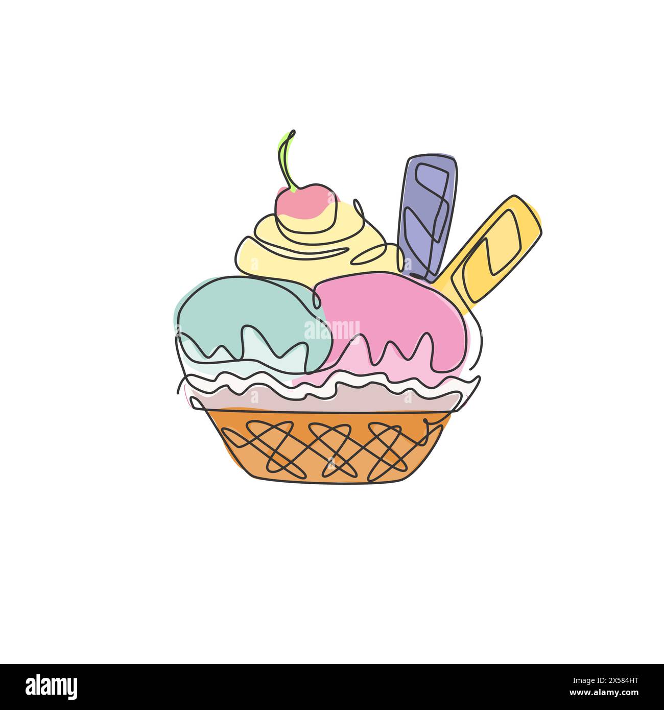 Single continuous line drawing of stylized ice cream cup with cherry topping logo label. Sweet frozen dessert concept. Modern one line draw design vec Stock Vector