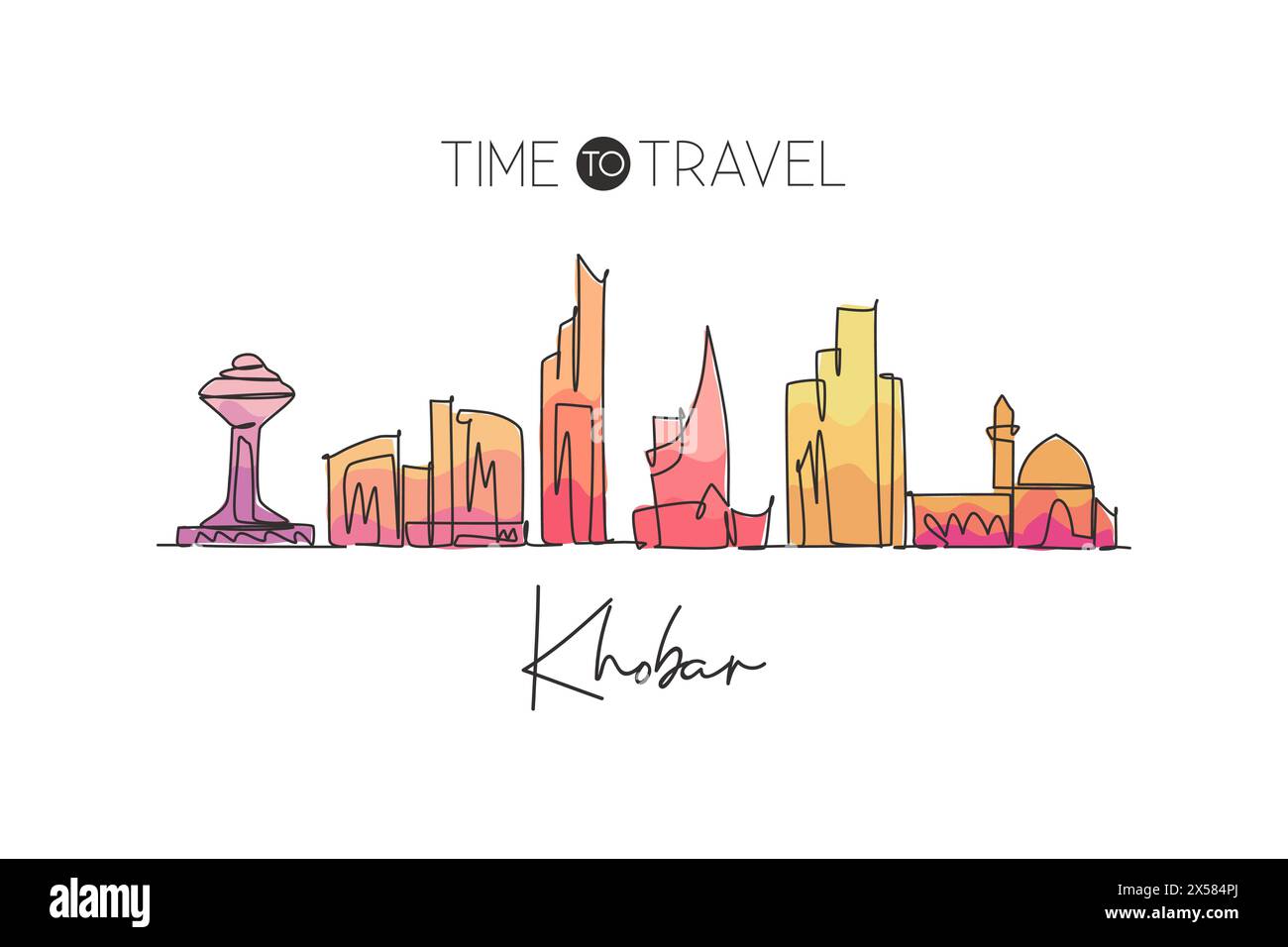 One continuous line drawing Khobar city skyline, Saudi Arabia. Beautiful landmark home decor poster print. World landscape tourism travel vacation. St Stock Vector