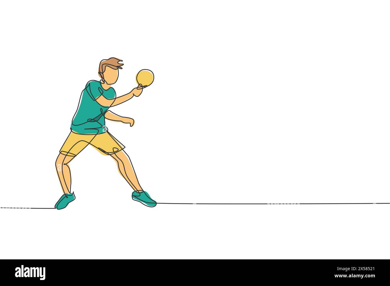 One continuous line drawing of young sporty man table tennis player practice to hit the ball. Competitive sport concept. Single line draw design vecto Stock Vector