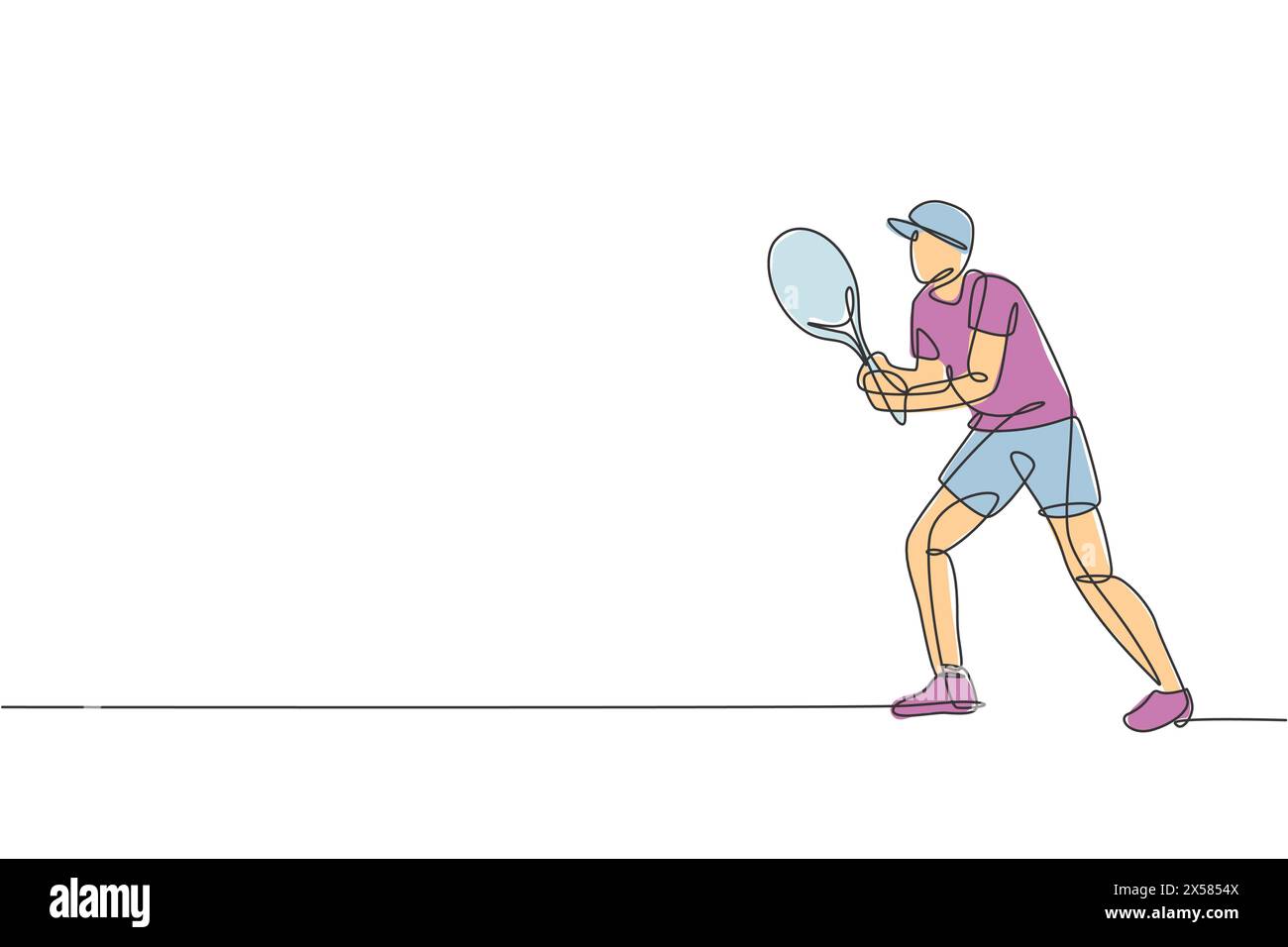 Single continuous line drawing of young agile tennis player concentrate to hit the ball. Sport exercise concept. Trendy one line draw design vector il Stock Vector
