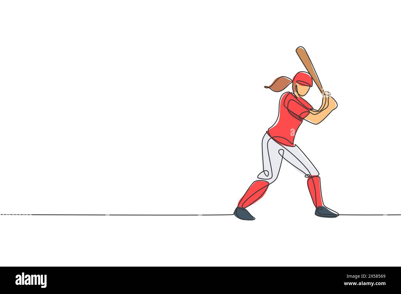 One single line drawing of young energetic woman baseball player practice to hit the ball vector illustration. Sport training concept. Modern continuo Stock Vector