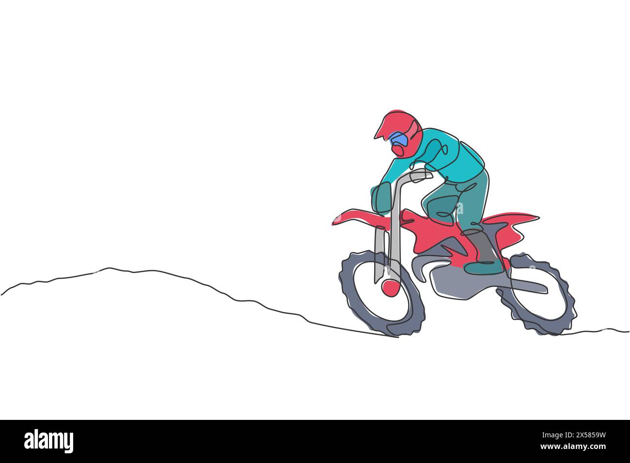 One single line drawing of young motocross rider climb ground hill at race track vector graphic illustration. Extreme sport concept. Modern continuous Stock Vector