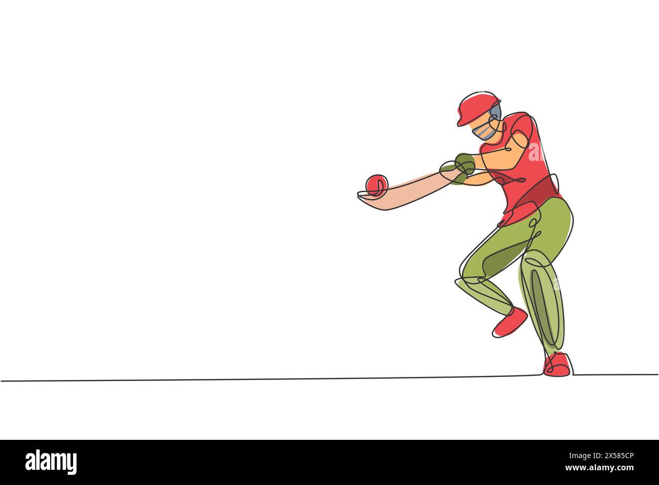 One continuous line drawing of young happy man cricket player focus to hit the ball hard vector illustration. Competitive sport concept. Dynamic singl Stock Vector
