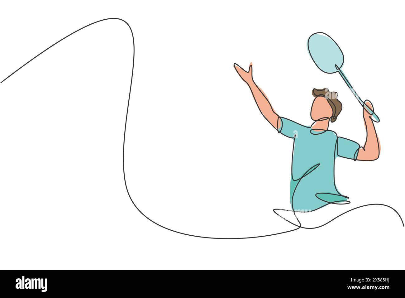 One continuous line drawing of young badminton player hit shuttlecock ...