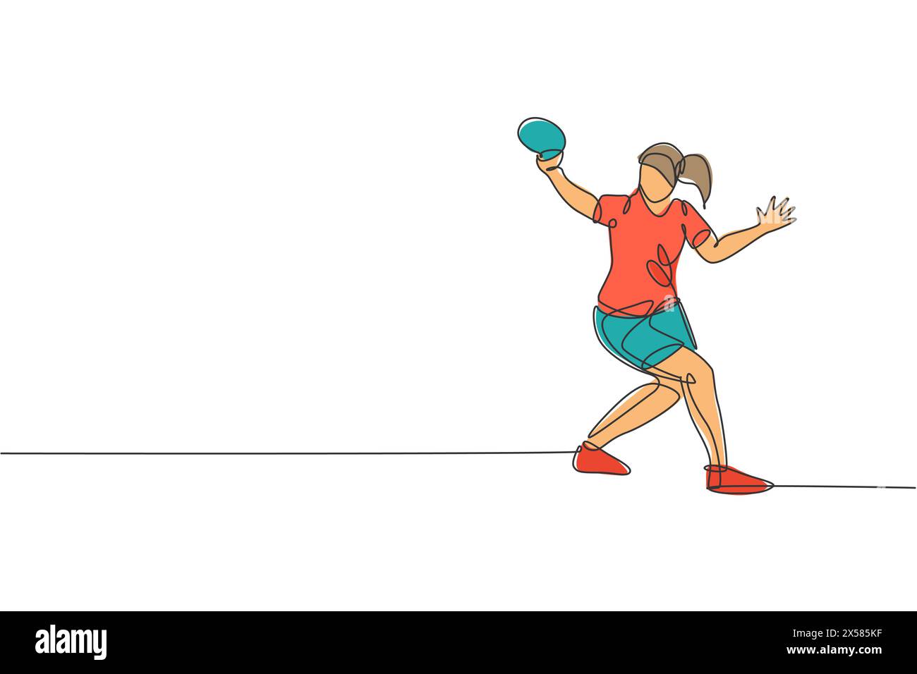 One continuous line drawing of young sporty woman table tennis player hit the ball. Competitive sport concept. Single line draw design graphic vector Stock Vector