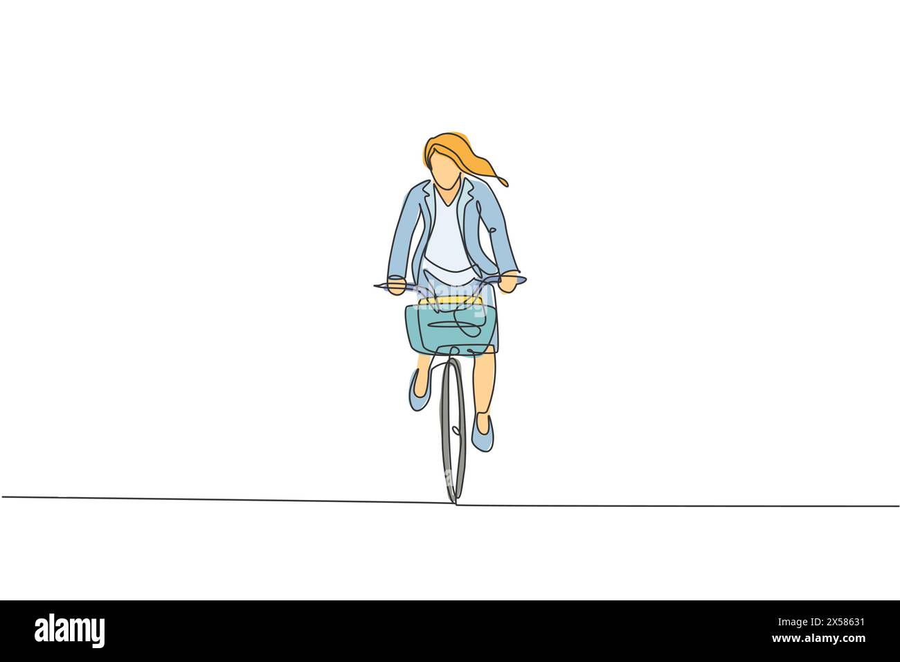 Single continuous line drawing of young professional businesswoman riding bicycle to her company. Bike to work, eco friendly transportation concept. T Stock Vector