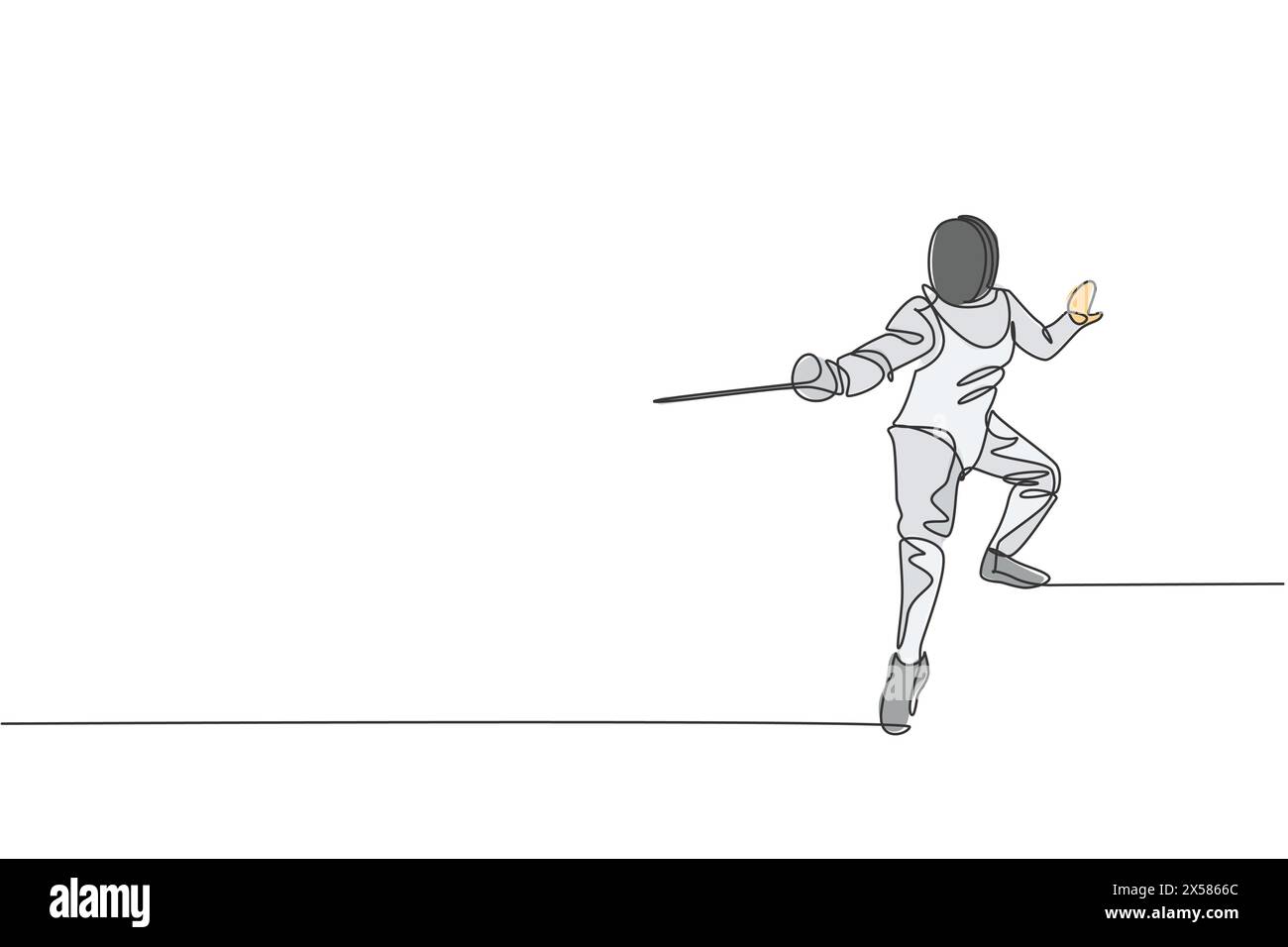 One single line drawing young man fencer athlete in a fencing costume exercising vector illustration Stock Vector