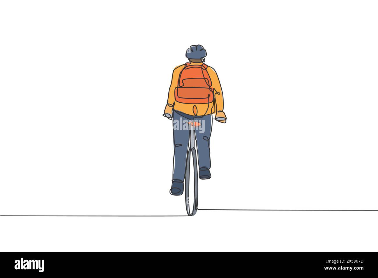 One continuous line drawing of young professional manager man cycling ride bike to his office, rear view. Healthy working urban lifestyle concept. Dyn Stock Vector