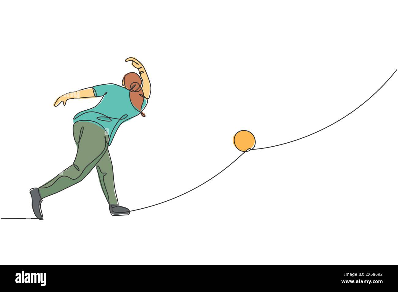Single continuous line drawing of young happy bowling player man throw bowling ball to hit the pins. Doing sport hobby at leisure time concept. Trendy Stock Vector