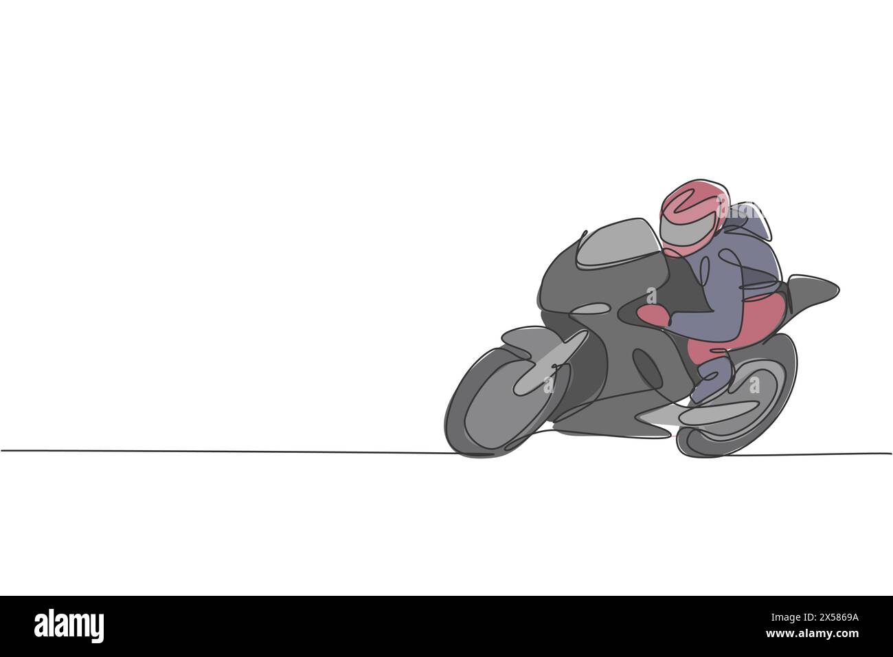 One continuous line drawing of young moto biker practicing at circuit track. Super bike racing concept graphic vector illustration. Dynamic single lin Stock Vector