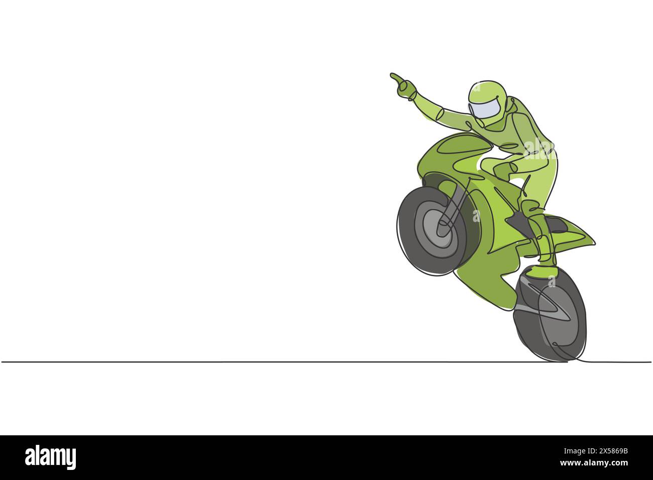 One continuous line drawing of young moto racer celebrate win with raise his hand. Super bike racing concept vector illustration. Dynamic single line Stock Vector