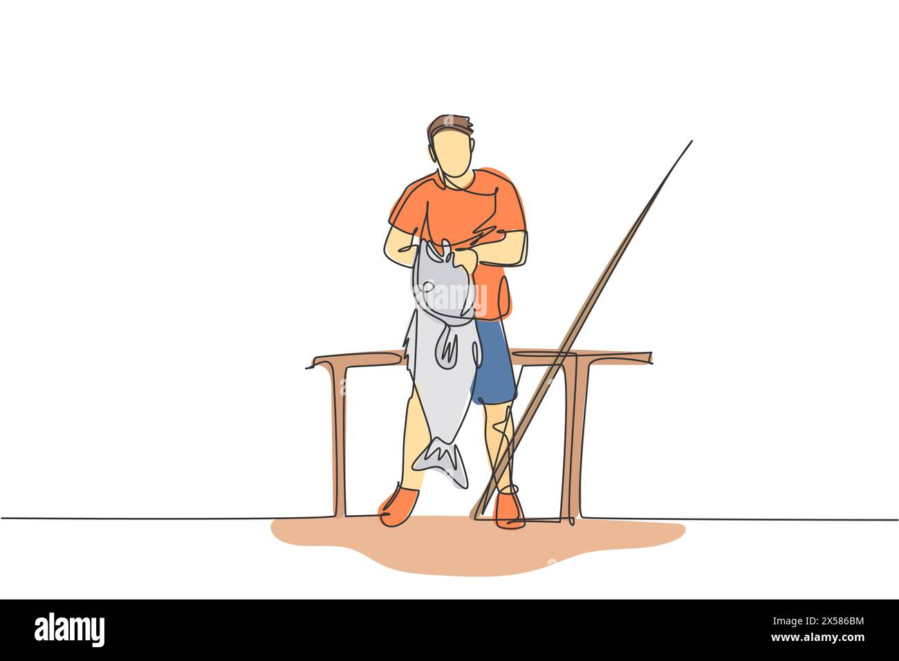 Single continuous line drawing young fisher man show his catch after catch big fish in open sea from ferry boat. Fishing hobby holiday concept. Trendy Stock Vector