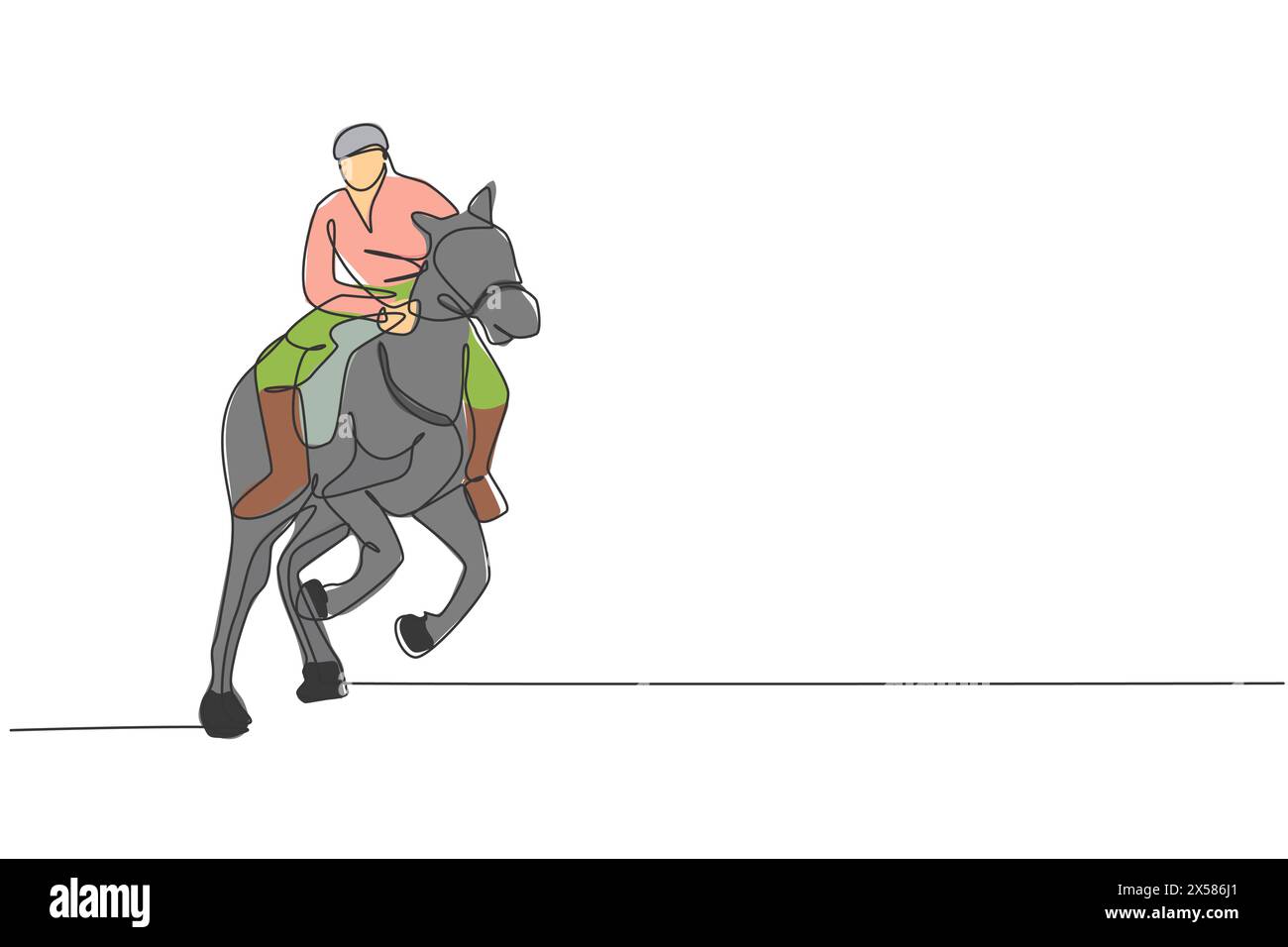 One continuous line drawing young horse rider man in action to run ...