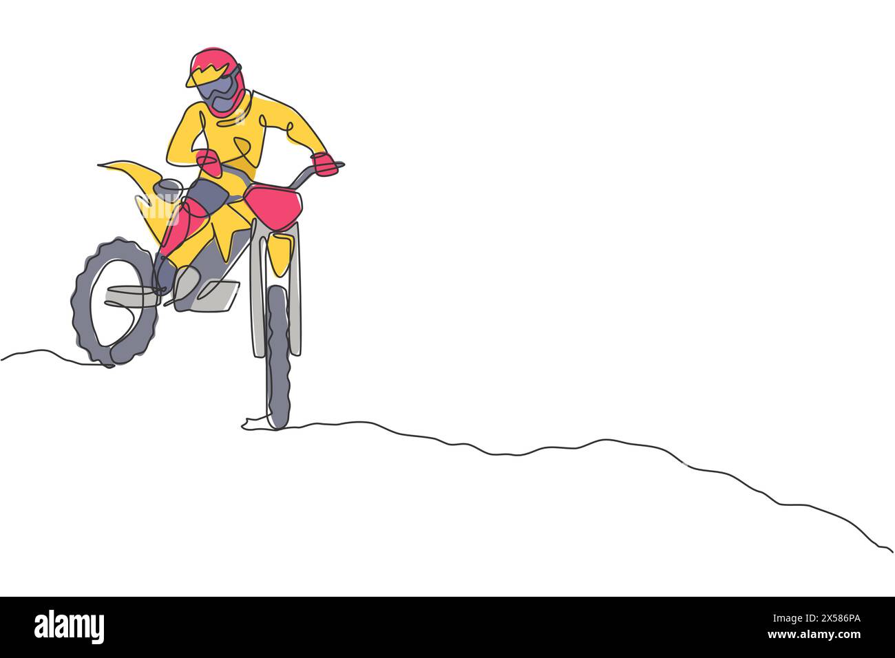 Single continuous line drawing of young motocross rider down the hill at full speed. Extreme sport race concept art vector illustration. Trendy one li Stock Vector