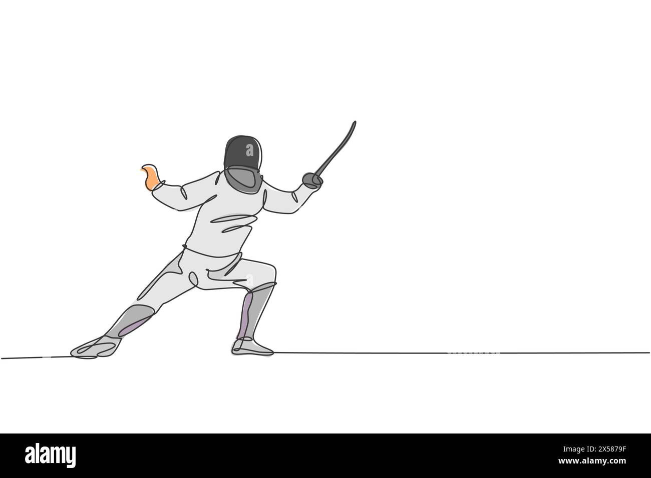 One continuous line drawing young man fencing athlete practice fighting ...