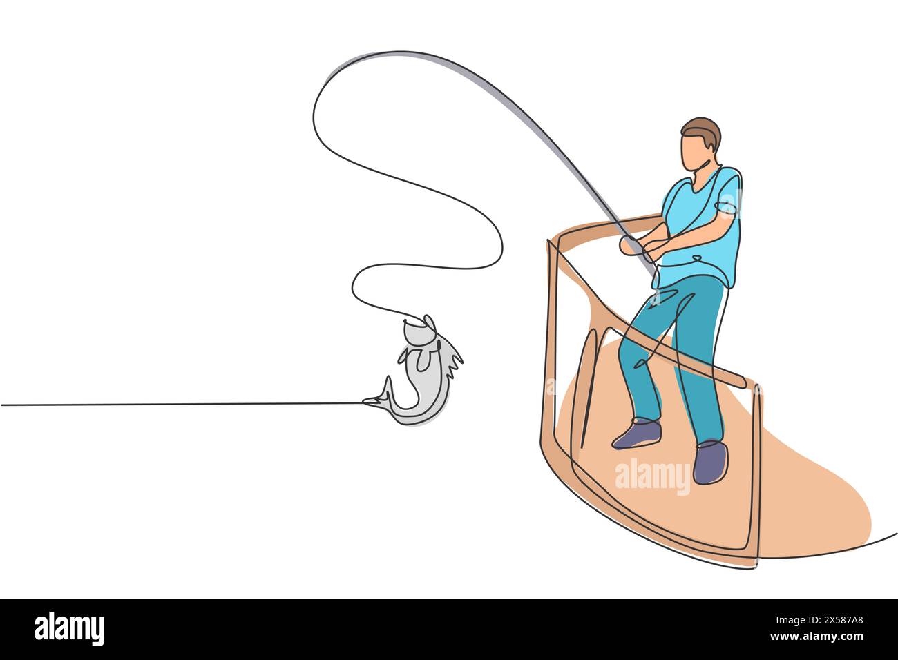 One continuous line drawing young happy fisherman standing and fishing on the sea from ferry boat. Fishing leisure hobby vacation concept. Dynamic sin Stock Vector