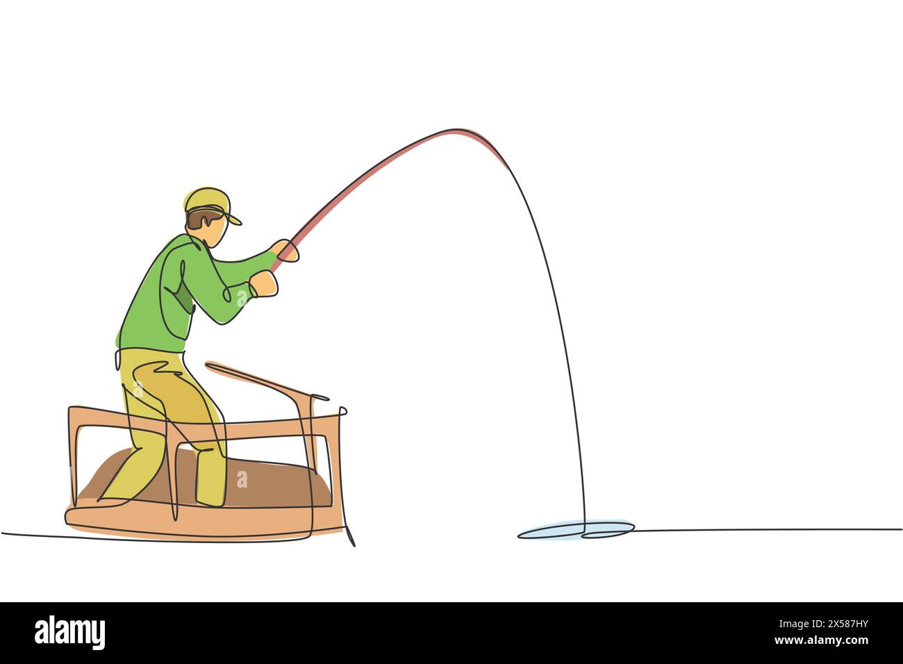 One continuous line drawing of young happy fisherman standing and fishing from ferry boat at the ocean. Fishing leisure hobby vacation concept. Dynami Stock Vector