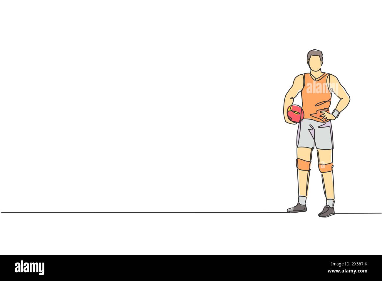 One continuous line drawing of young male professional volleyball player pose standing on court. Healthy competitive team sport concept. Dynamic singl Stock Vector