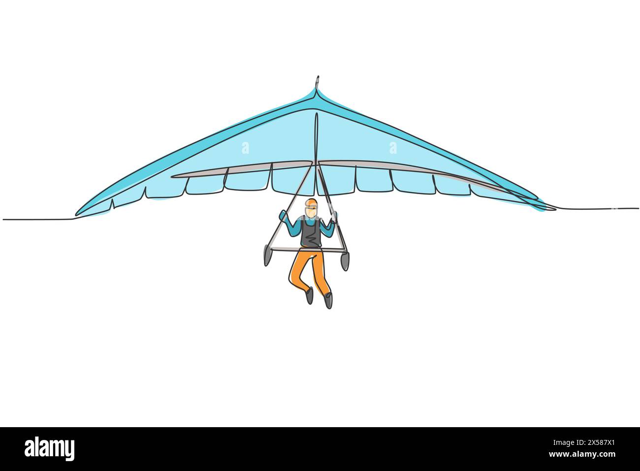 Single continuous line drawing of young tourist man flying with hang gliding parachute on the sky. Extreme vacation holiday sport concept. Trendy one Stock Vector