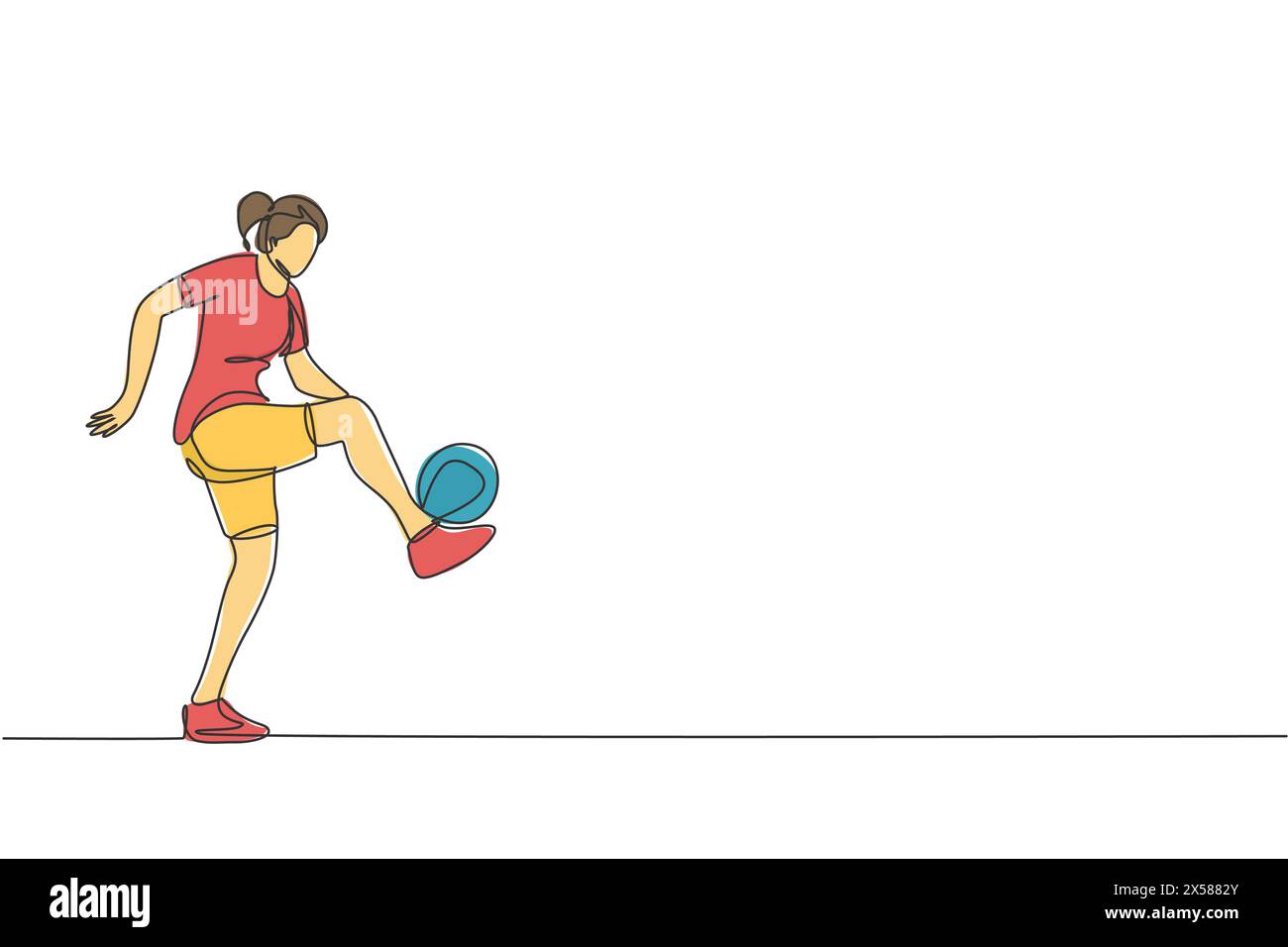 One continuous line drawing of young sporty woman soccer freestyler
