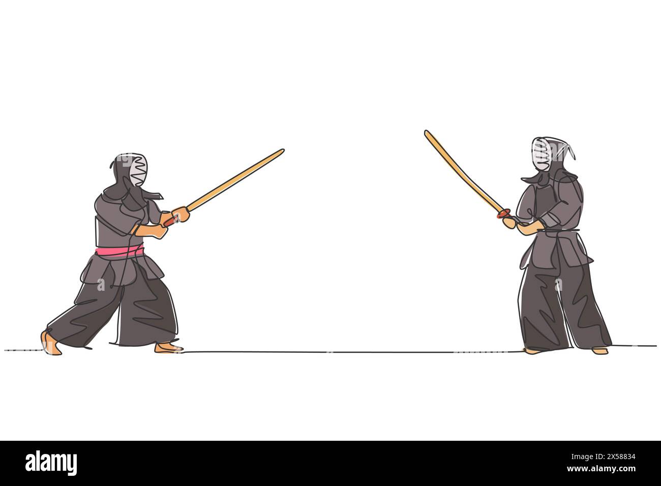 Single continuous line drawing of young sportive man practicing kendo basic skill, stance before fight on gym sport center. Fighting sport concept. Tr Stock Vector