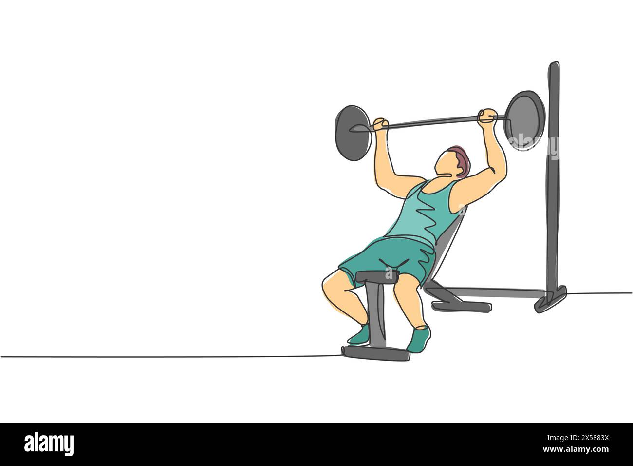 Single continuous line drawing of young sportive man training lifting barbell on bench press in sport gymnasium club center. Fitness stretching concep Stock Vector