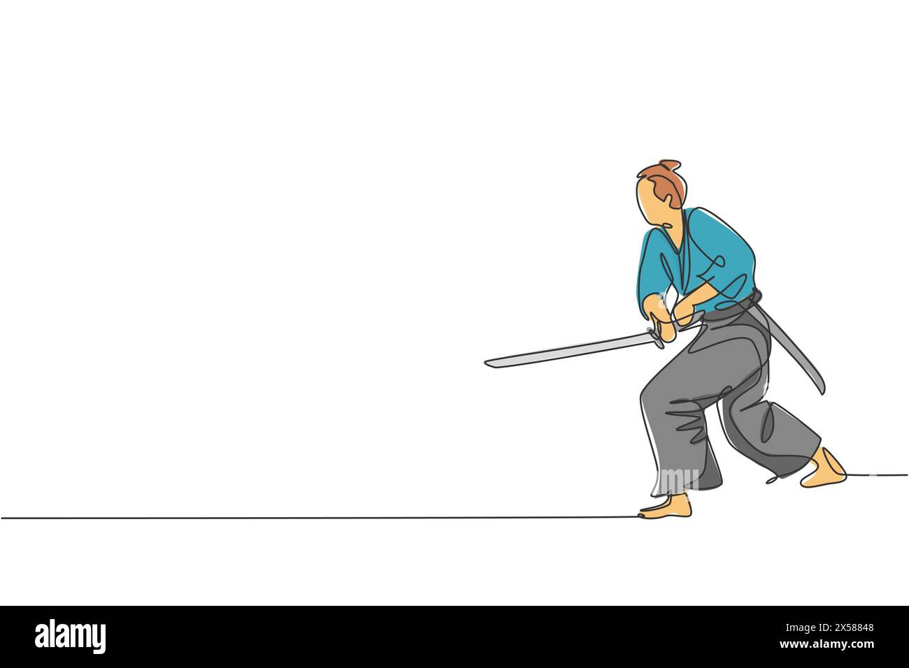 One single line drawing of young Japanese samurai warrior holding katana sword practicing at dojo center graphic vector illustration. Combative martia Stock Vector