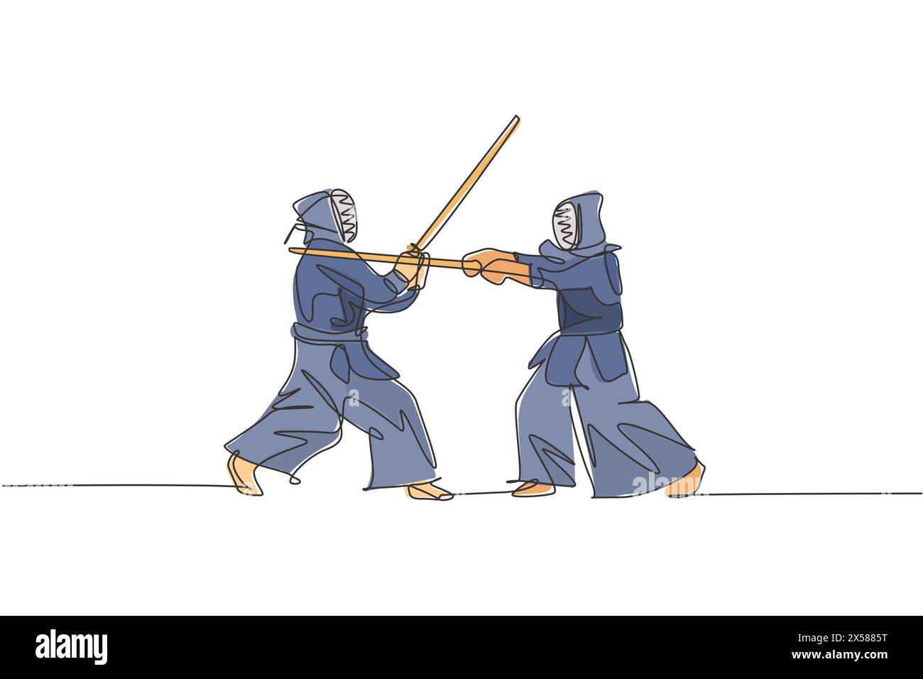 Single continuous line drawing of two young sportive men practicing kendo martial art skill on gym sport center. Sparring fight. Fighting sport concep Stock Vector