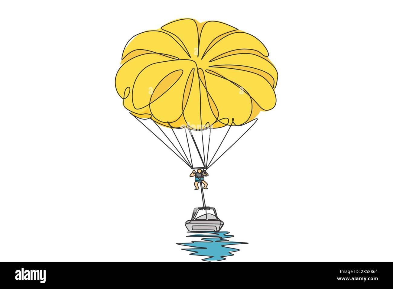 One continuous line drawing of young bravery man flying in sky using parasailing parachute behind a boat. Outdoor dangerous extreme sport concept. Dyn Stock Vector