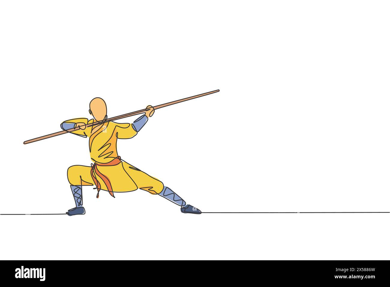 One single line drawing of young energetic shaolin monk man exercise kung fu fighting with stick at temple vector illustration. Ancient Chinese martia Stock Vector