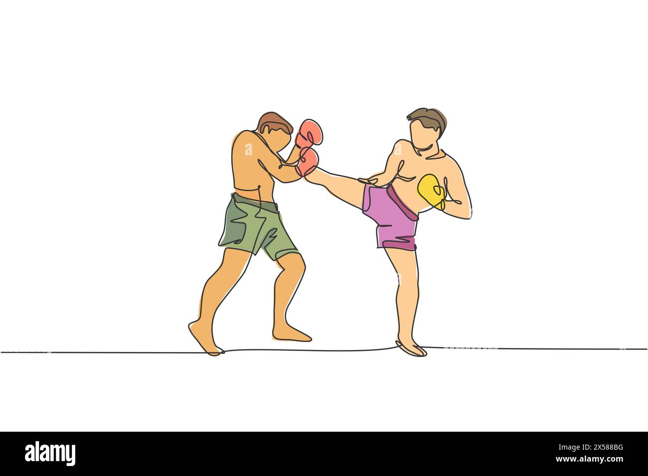 One single line drawing of young energetic man kickboxer practice with personal trainer in boxing arena vector graphic illustration. Healthy lifestyle Stock Vector