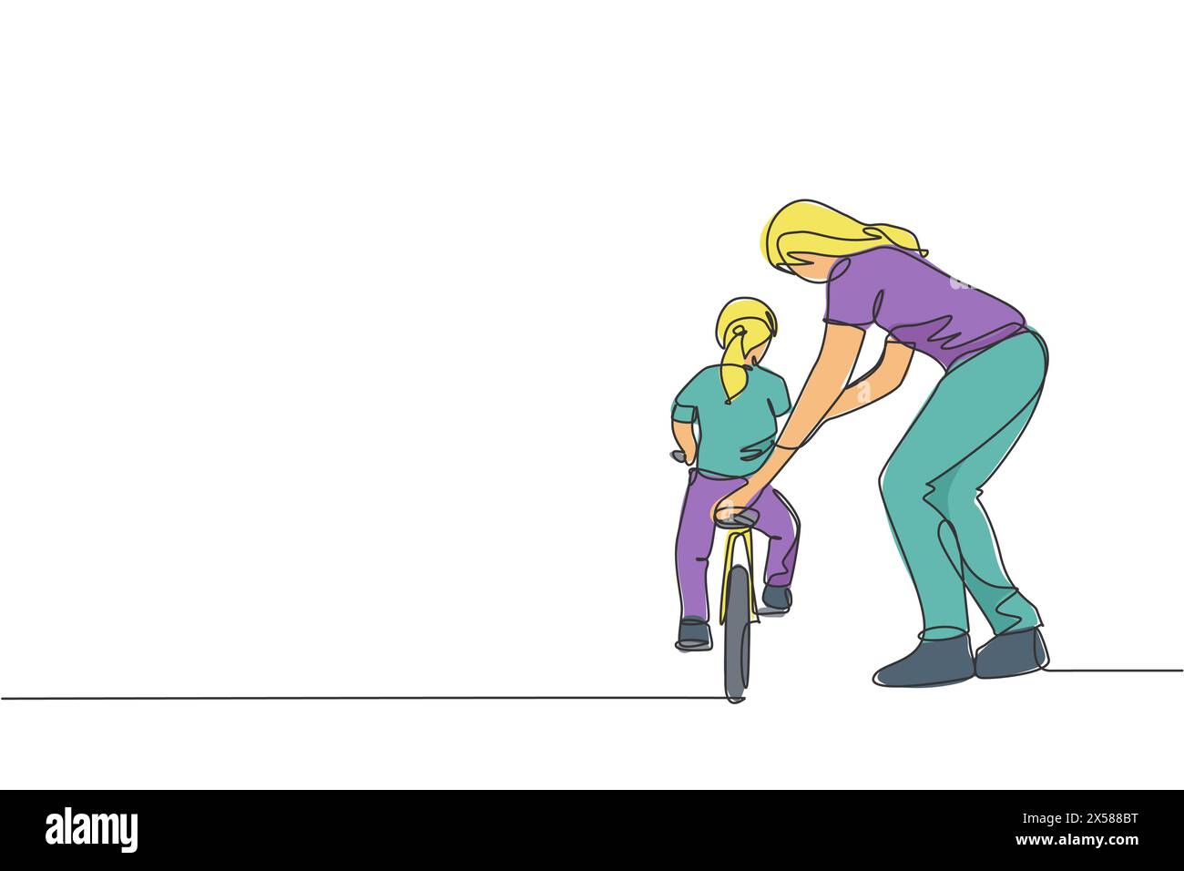 One single line drawing young mother teaching her daughter riding bicycle at public park graphic vector illustration. Motherhood lesson. Urban family Stock Vector