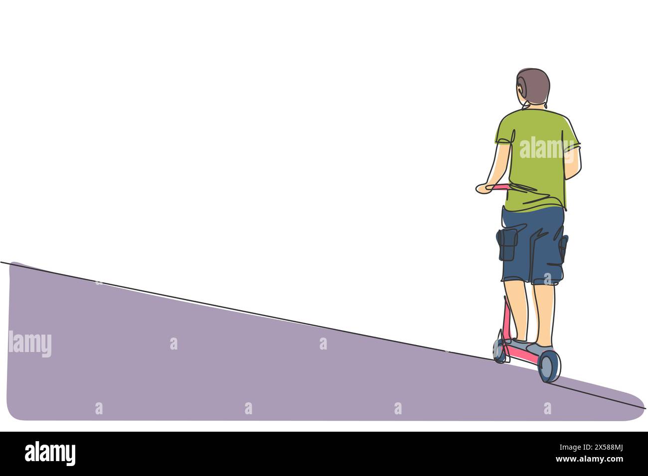 Single continuous line drawing of happy man riding electric scooter at public area, rear view. Eco friendly transportation. Urban lifestyle concept. T Stock Vector