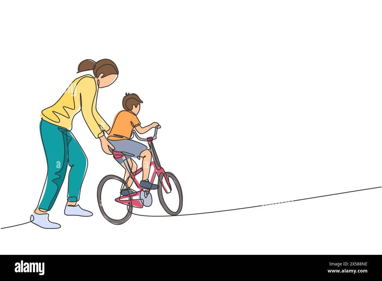 One single line drawing of young mother teaching her son riding bicycle at public park vector graphic illustration. Motherhood lesson. Urban family ti Stock Vector