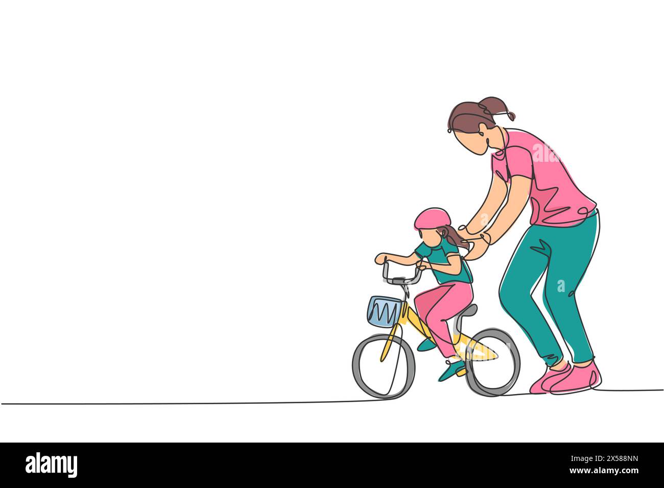One continuous line drawing of young mother help her daughter learning to ride a bicycle at countryside together. Parenthood lesson concept. Dynamic s Stock Vector