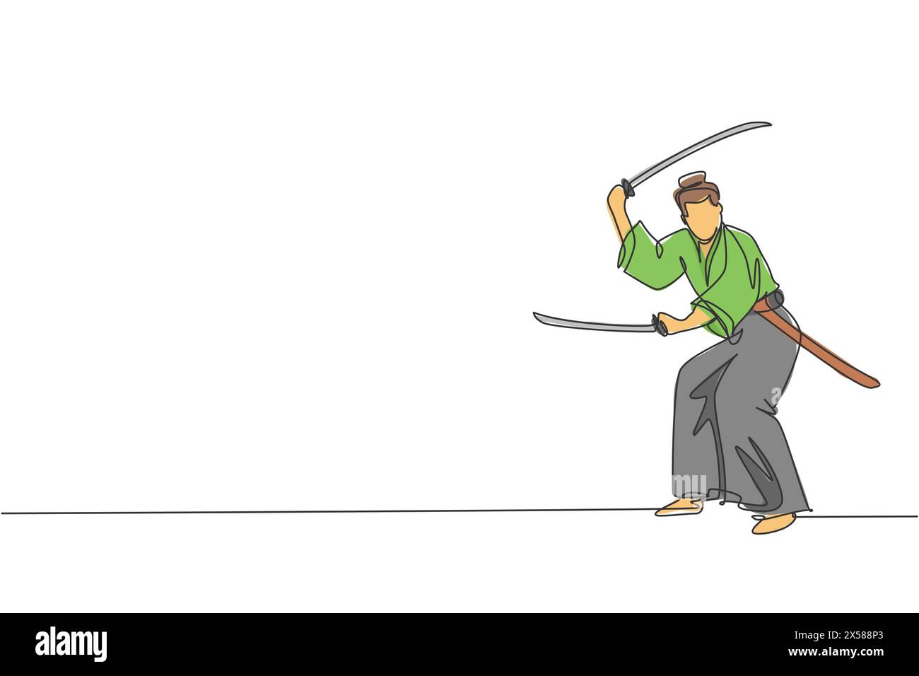 One single line drawing of young Japanese samurai warrior holding katana sword practicing at dojo center graphic vector illustration. Combative martia Stock Vector