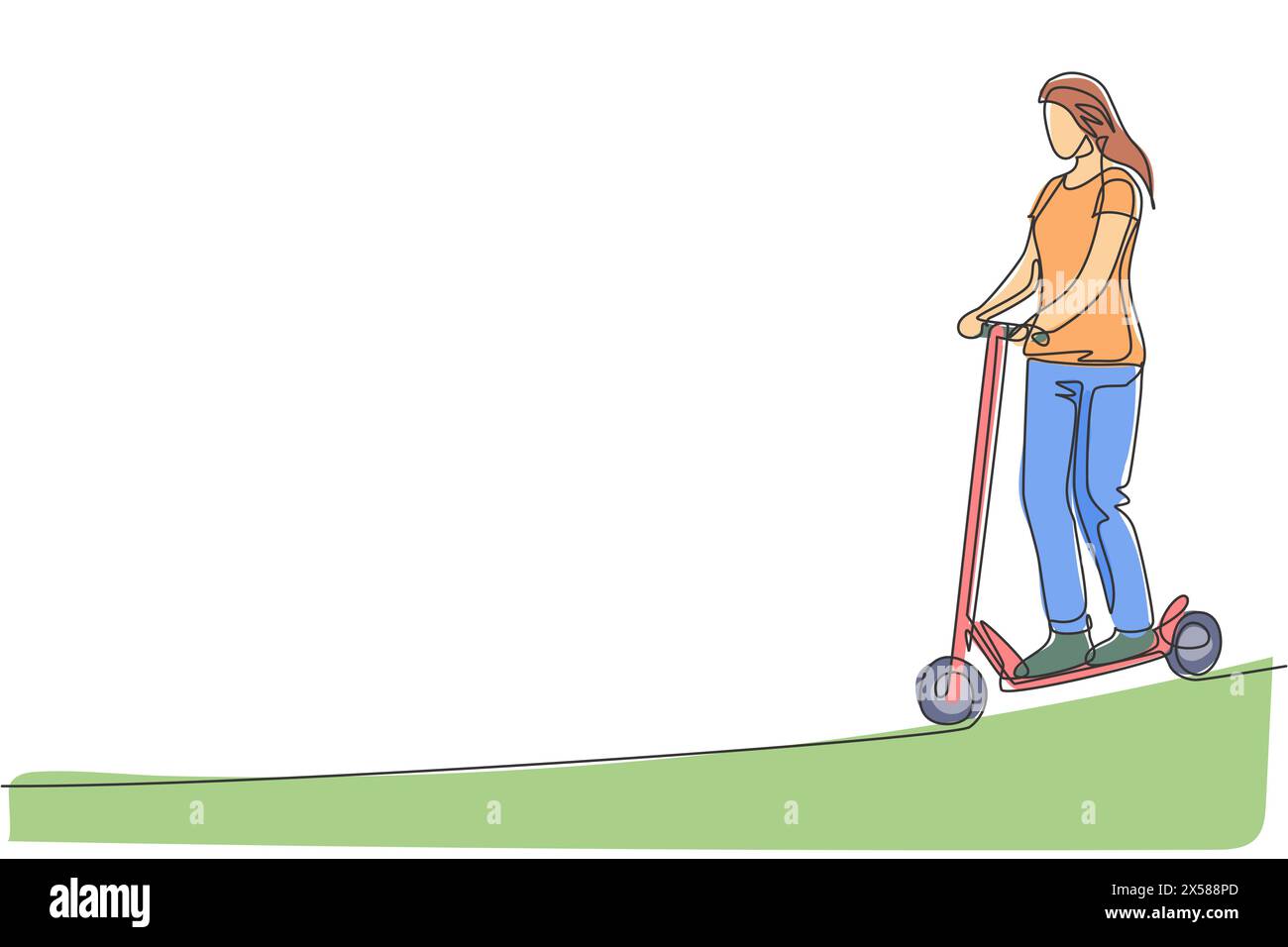 Single continuous line drawing young happy woman riding electric scooter at public area. Eco friendly transportation. Urban lifestyle concept. Trendy Stock Vector