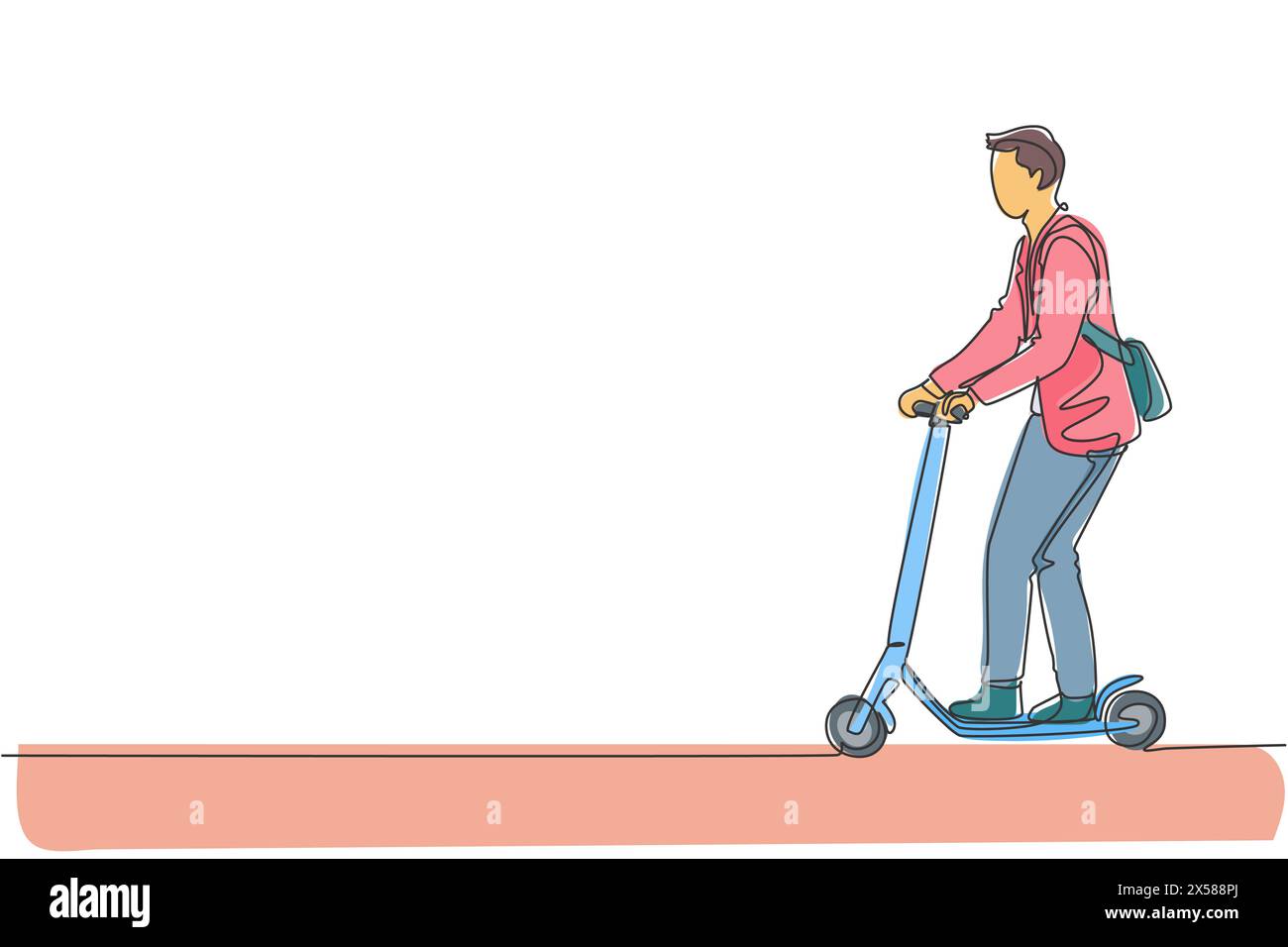 One single line drawing of young energetic man riding electric scooter at city park vector graphic illustration. Future transport. Healthy lifestyle s Stock Vector