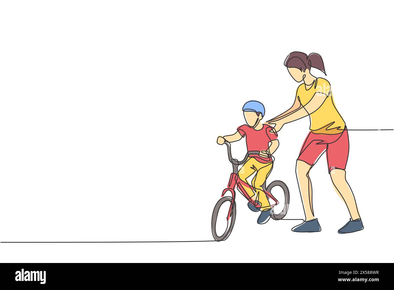 Single continuous line drawing of young kids boy learning ride bicycle with mother at outdoor park. Parenthood lesson. Family time concept. Trendy one Stock Vector
