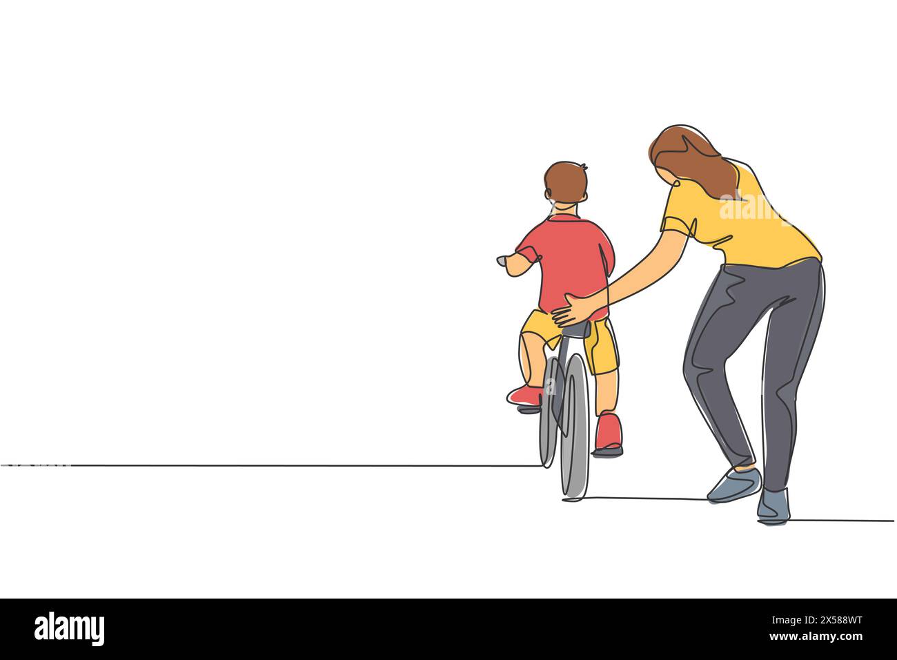 Single continuous line drawing of young kids boy learning ride bicycle with mother at outdoor park. Parenthood lesson. Family time concept. Trendy one Stock Vector