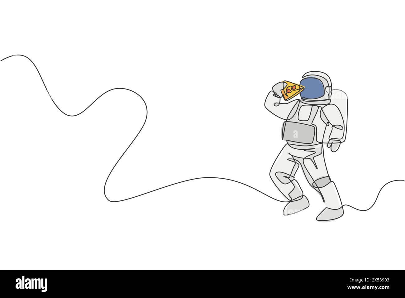 One single line drawing astronaut flying in cosmos galaxy while eating ...