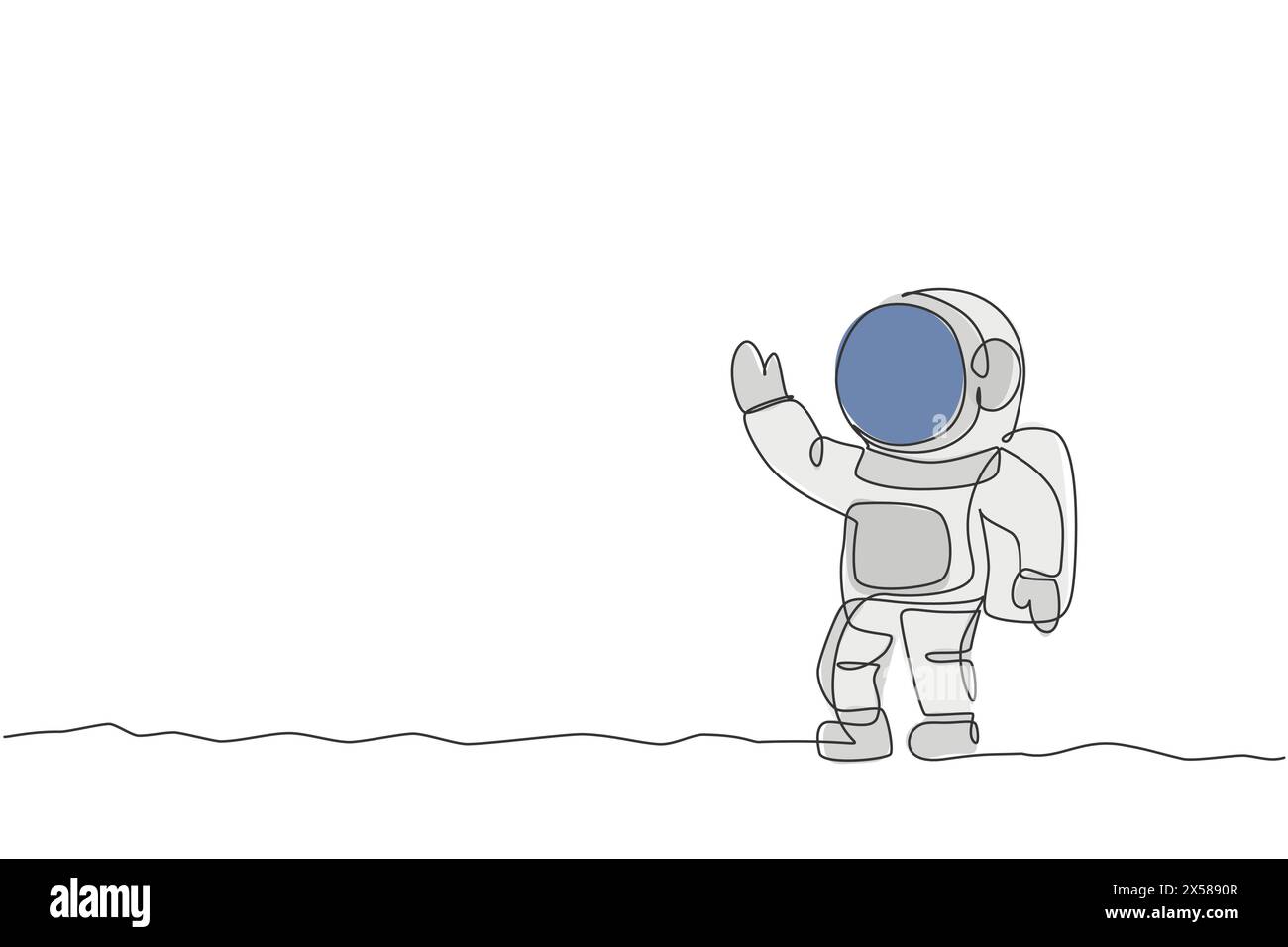 One single line drawing of young astronaut in spacesuit flying at outer space vector graphic illustration. Spaceman adventure galactic space concept. Stock Vector
