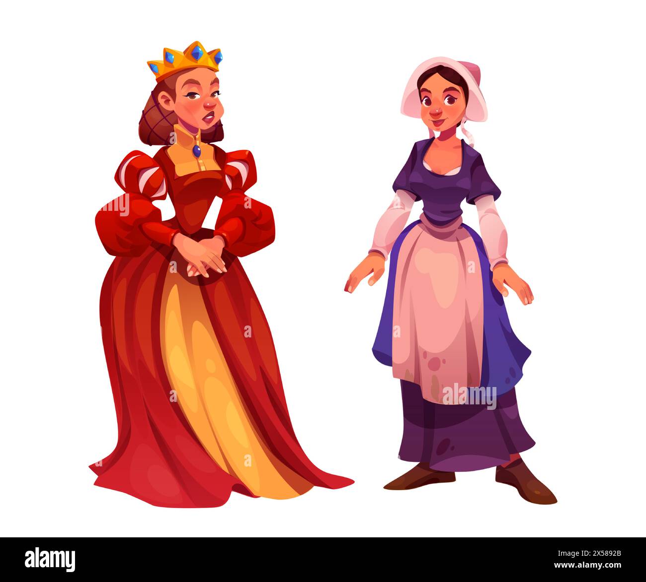 Medieval people cartoon character set. Vector illustration of queen in red dress and golden crown, and peasant girl in poor clothes. Ancient female fairy tale person. middle age royal and farmer woman Stock Vector
