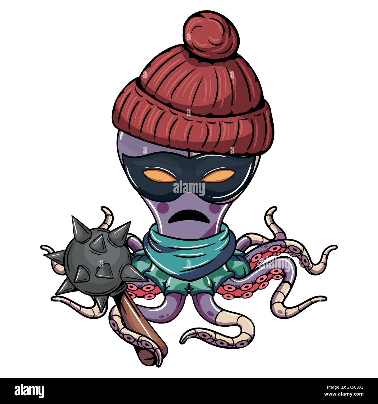 Cartoon gangster cyborg octopus character wearing military outfit and a war mace. Illustration for fantasy, science fiction and adventure comics Stock Vector